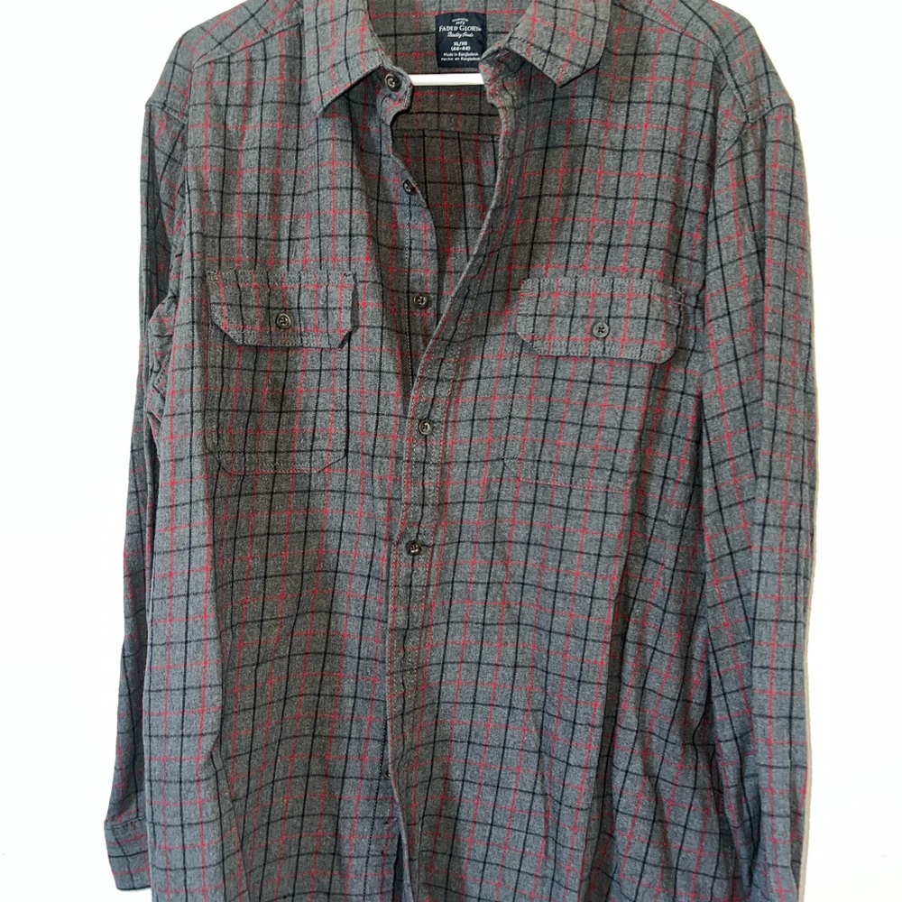 Faded Glory Plaid Button-Up Shirt with Red Windowpane